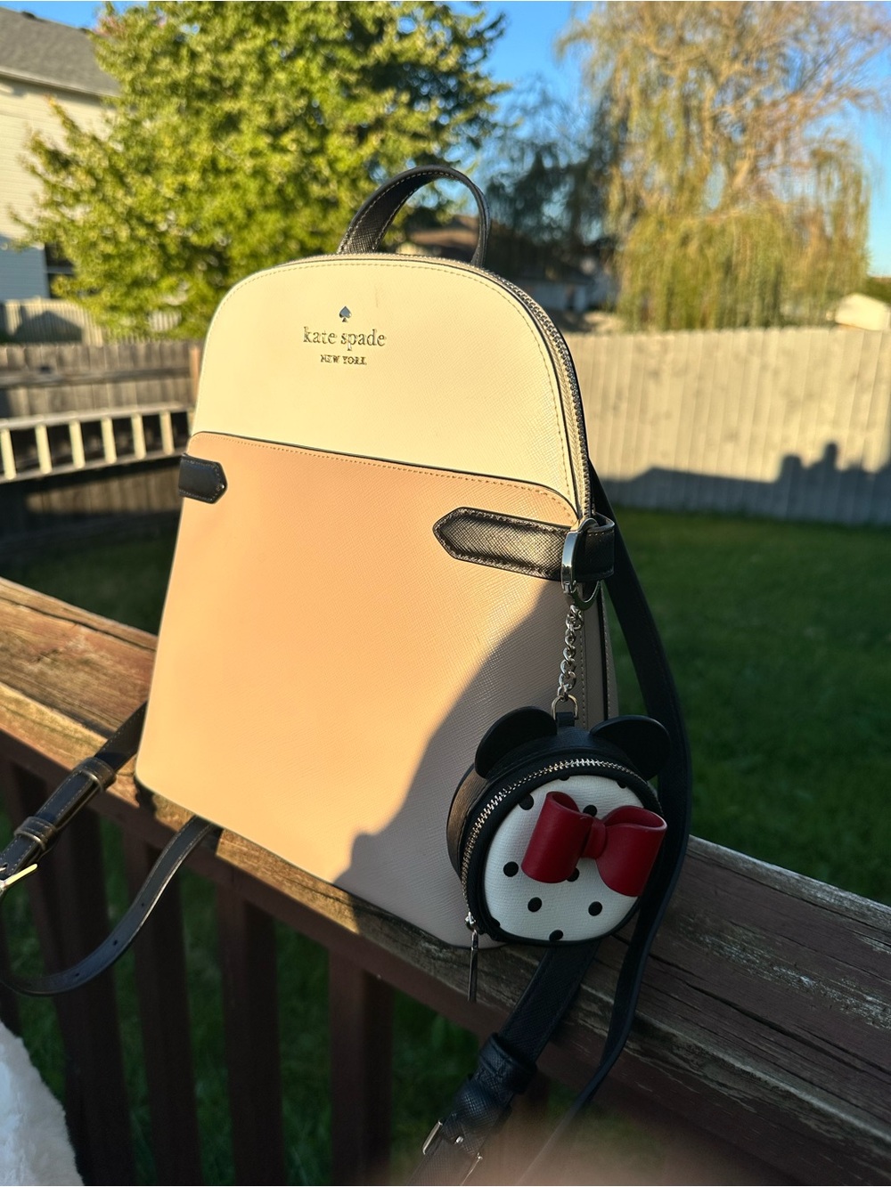 kate spade Cream and Peach Leather Backpack with Black Trim